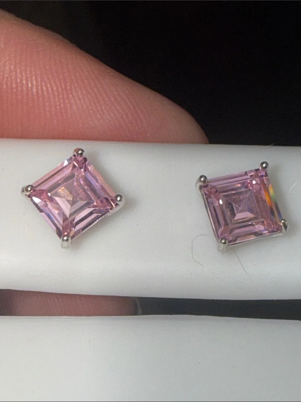 925 Sterling Silver Princess Cut Pink Gemstone  Stud Earrings NEW STUNNING